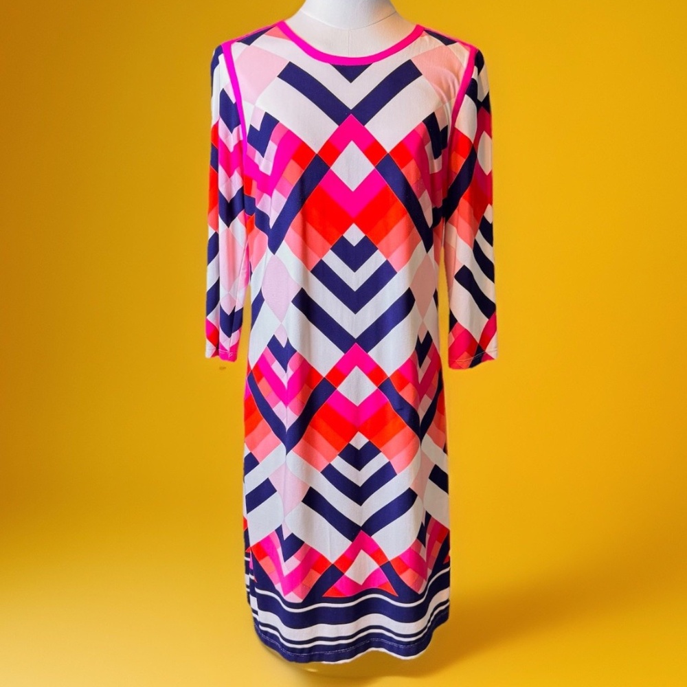 Women's Small Shift Dress Mod Style 3/4 Sleeves Navy Pink Orange White